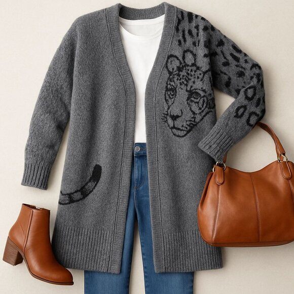 Anthropologie XL Leopard Intarsia Longline Cozy Cardigan Sweater Coat Gray Black - Picture 1 of 13